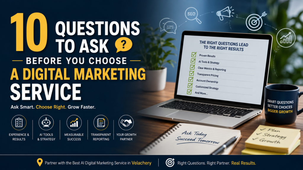 Professional infographic showing a checklist of 10 questions to ask before choosing a digital marketing service, featuring AI marketing, SEO, transparent reporting, pricing, and business growth in a modern workspace.