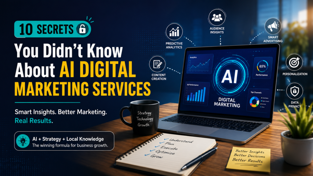 Modern AI digital marketing workspace featuring a laptop with AI analytics dashboard, predictive marketing insights, audience analytics, content creation, personalization, and data privacy icons, illustrating the 10 secrets of AI digital marketing services for business growth.